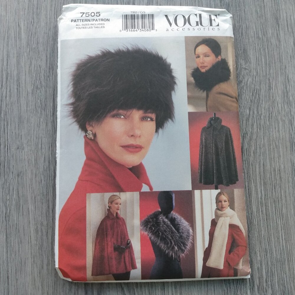 Vintage Vogue Winter Hat Sewing Pattern Collar, Stole, Capelet, Cape UNCUT 7505